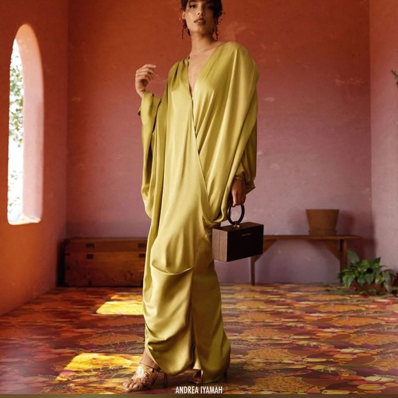 Andrea Iyamah Tibara Lime Draped Satin Kaftan Maxi, NWT, $320MSRP - Picture 1 of 4